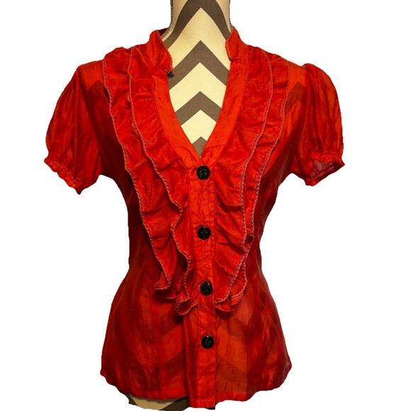 Cotton Express Tops - Cotton Express Ruffle Vneck Red Top Silk Blend Puff Sleeve Fitted Waist Sheer M